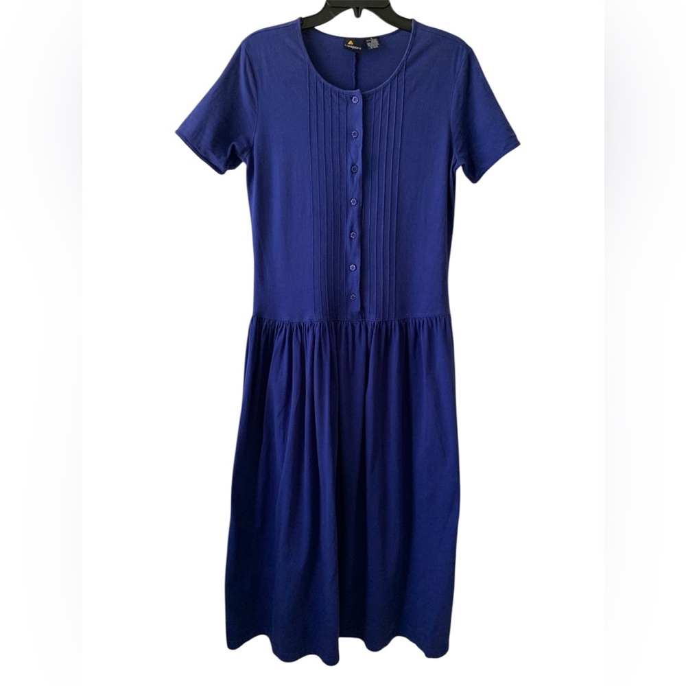 VTG 90’s Lizsport T Shirt Dress Women S Blue Drop Waist Pleats Short Sleeve Maxi
